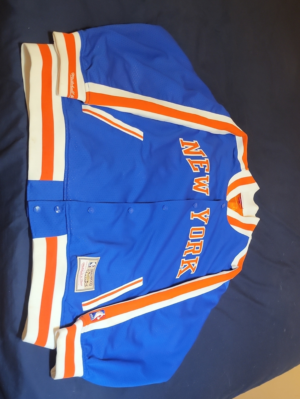 Mitchell & Ness Blue New York Varsity Jacket with Orange & White Trim